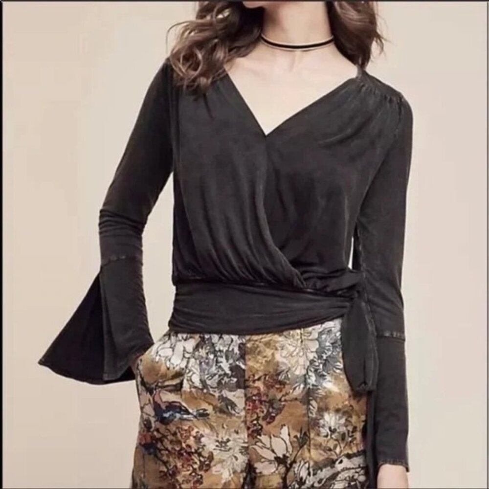 Anthropologie Deletta Sirpo Wrap Top Bell Sleeves Charcoal Black XS Womens Fashi